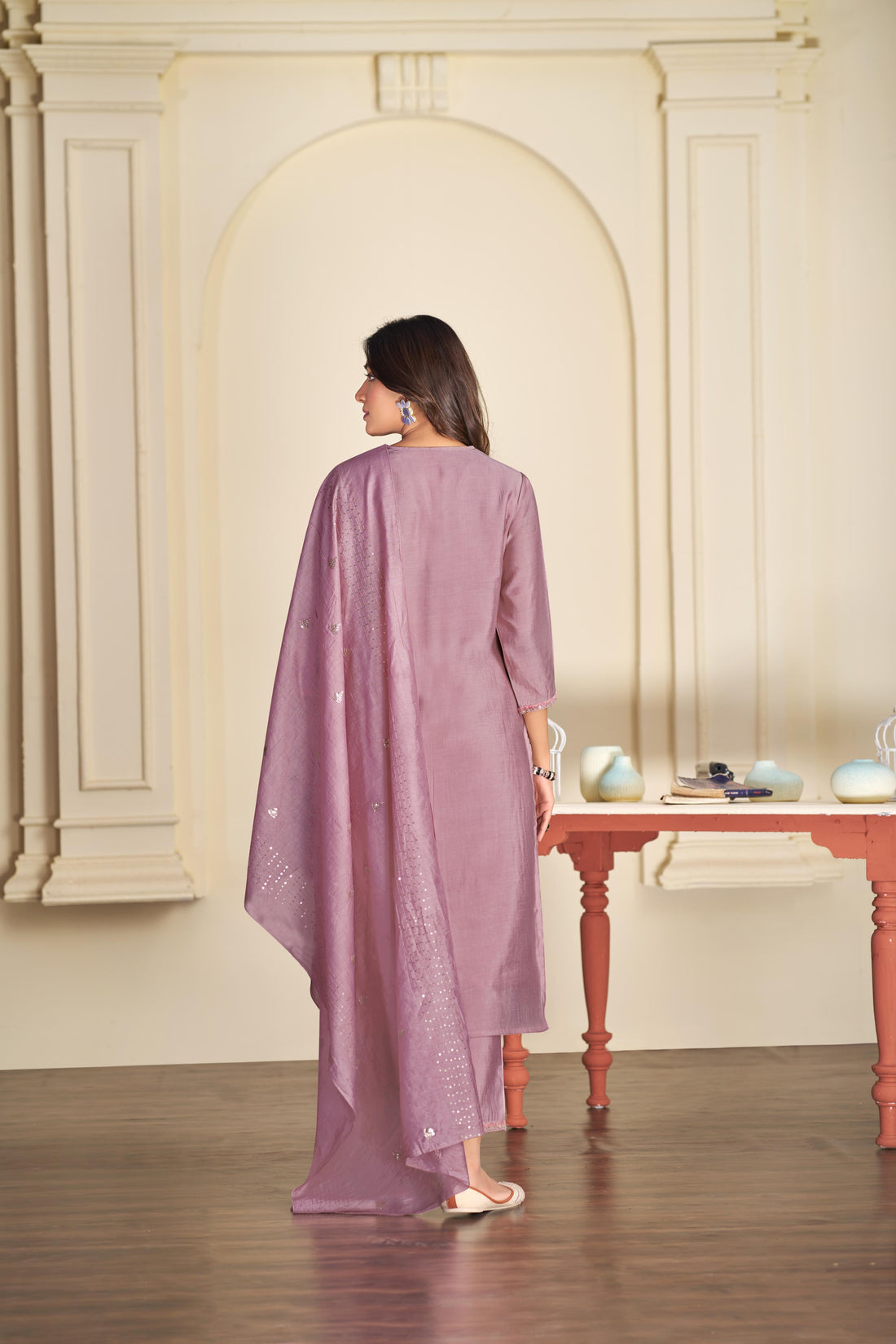 Preksha Mauve Multi-Color Floral Embroidered Kurta Set with Hand Sequin Work & Sequin Dupatta in Chanderi Silk with Cotton Mul Lining