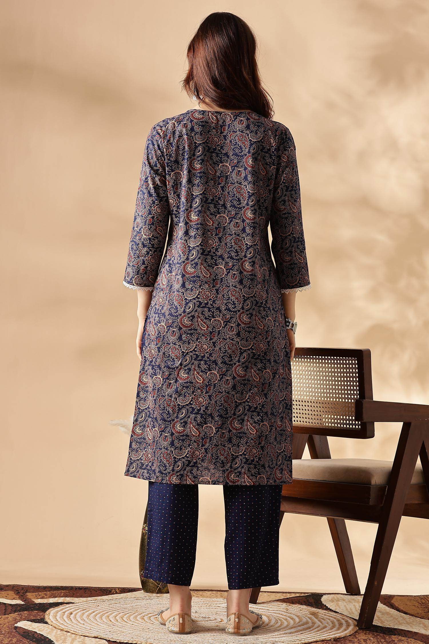 Embroidered Cotton Navy Kurta Set with Dupatta - BulBul