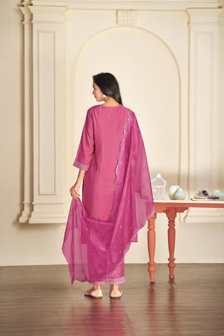 Ragini Pink Resham Thread & Sequin Embroidered Kurta Set with Sequin Dupatta in Chanderi Silk with Cotton Mul Lining
