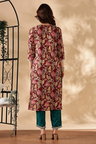 Areba Olive & Maroon Printed Salwar Suit with Intricate Zari Lattice Hand Embroidery Neck Panel in Viscose