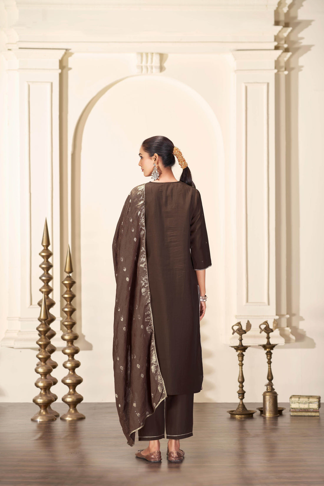 Nirjari Brown Silk Kurta Set with Dupatta - BulBul