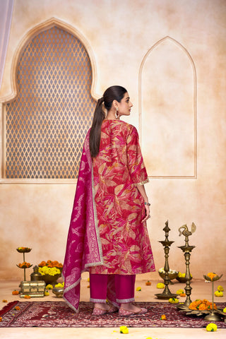 Rashmi Fuchsia Hand Zari and Sequins Embellished Work Suit Set in Chanderi Silk with Pure Cotton Mul Lining