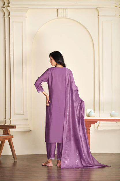 Mira Purple Silk Kurta Set with Dupatta - BulBul