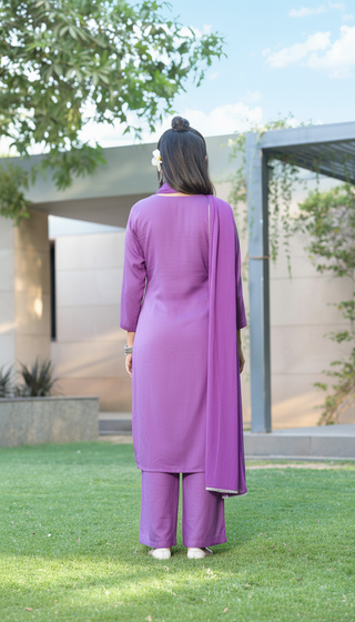 Meher Purple Rayon Kurta Set with Chikankari White Floral Embroidery and Dupatta