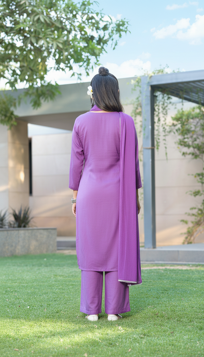 Meher Purple Rayon Kurta Set with Chikankari White Floral Embroidery and Dupatta