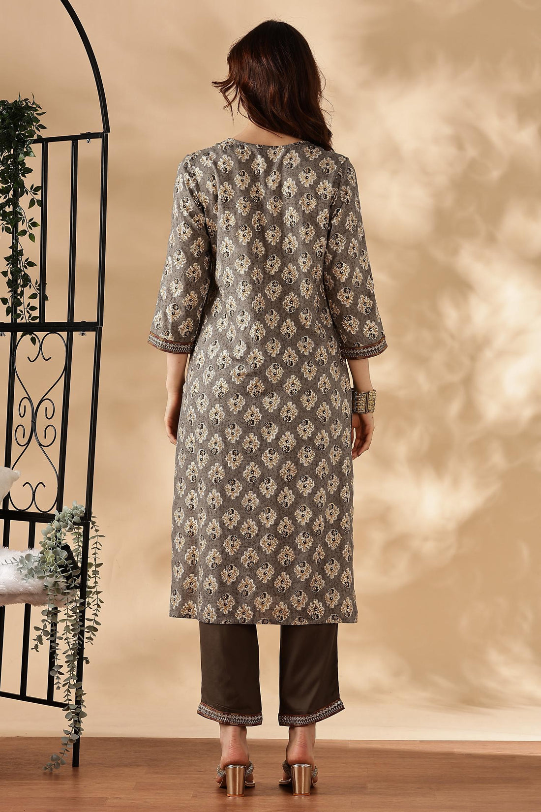 Shamaira Grey Ethnic Printed Salwar Suit with Thread Embroidered Neck Panel in Viscose