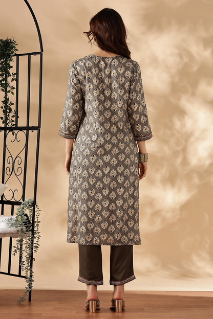 Shamaira Grey Ethnic Printed Salwar Suit with Thread Embroidered Neck Panel in Viscose