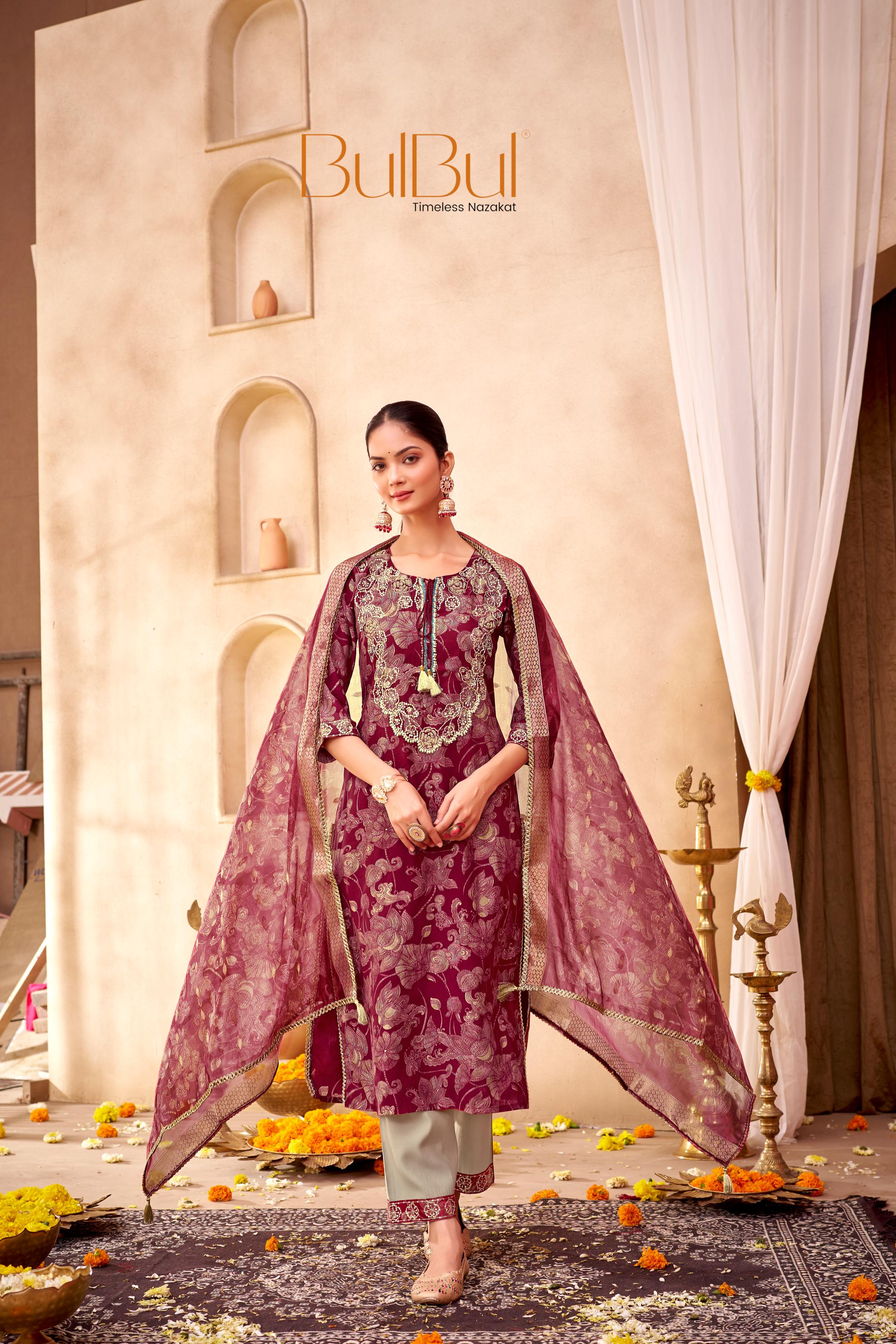 Shehnaaz Maroon Hand Embellished Zari, Sequins & Moti Neck Work Suit Set with Tassel Detail in Chanderi Silk with Pure Cotton Mul Lining