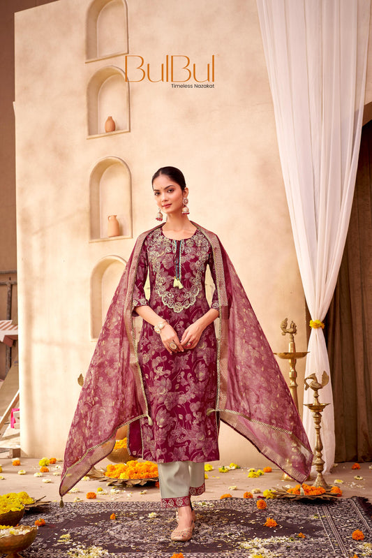 Shehnaaz Maroon Hand Embellished Zari, Sequins & Moti Neck Work Suit Set with Tassel Detail in Chanderi Silk with Pure Cotton Mul Lining