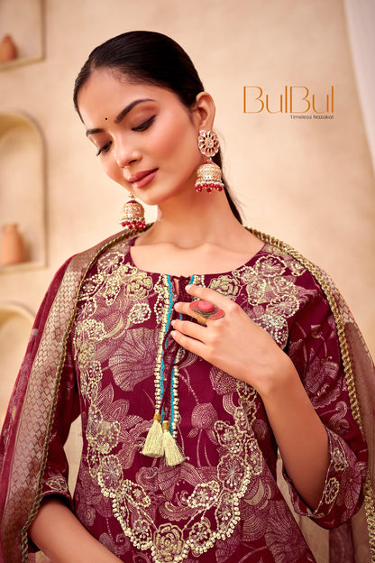 Shehnaaz Maroon Hand Embellished Zari, Sequins & Moti Neck Work Suit Set with Tassel Detail in Chanderi Silk with Pure Cotton Mul Lining