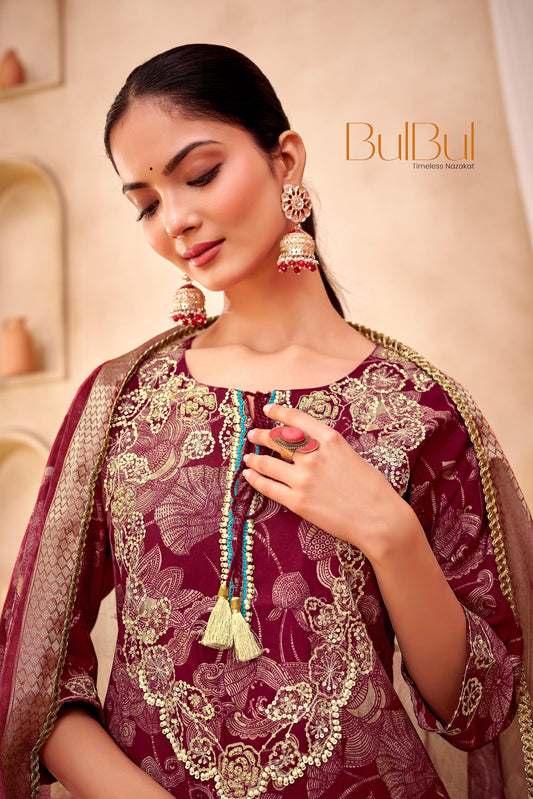 Shehnaaz Maroon Hand Embellished Zari, Sequins & Moti Neck Work Suit Set with Tassel Detail in Chanderi Silk with Pure Cotton Mul Lining