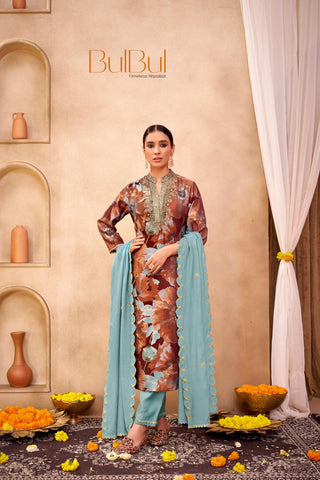 Shehnaaz Rust Hand Bead, Sequins & Zari Embellished Neckline Suit Set in Chanderi Silk with Pure Cotton Mul Lining