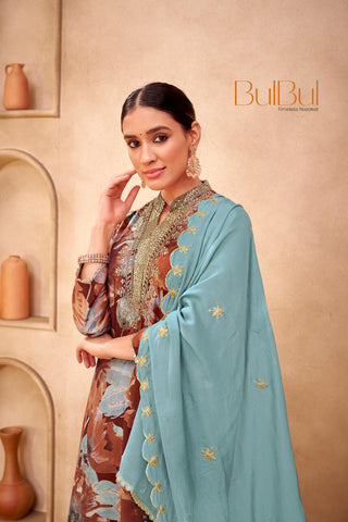 Shehnaaz Rust Hand Bead, Sequins & Zari Embellished Neckline Suit Set in Chanderi Silk with Pure Cotton Mul Lining