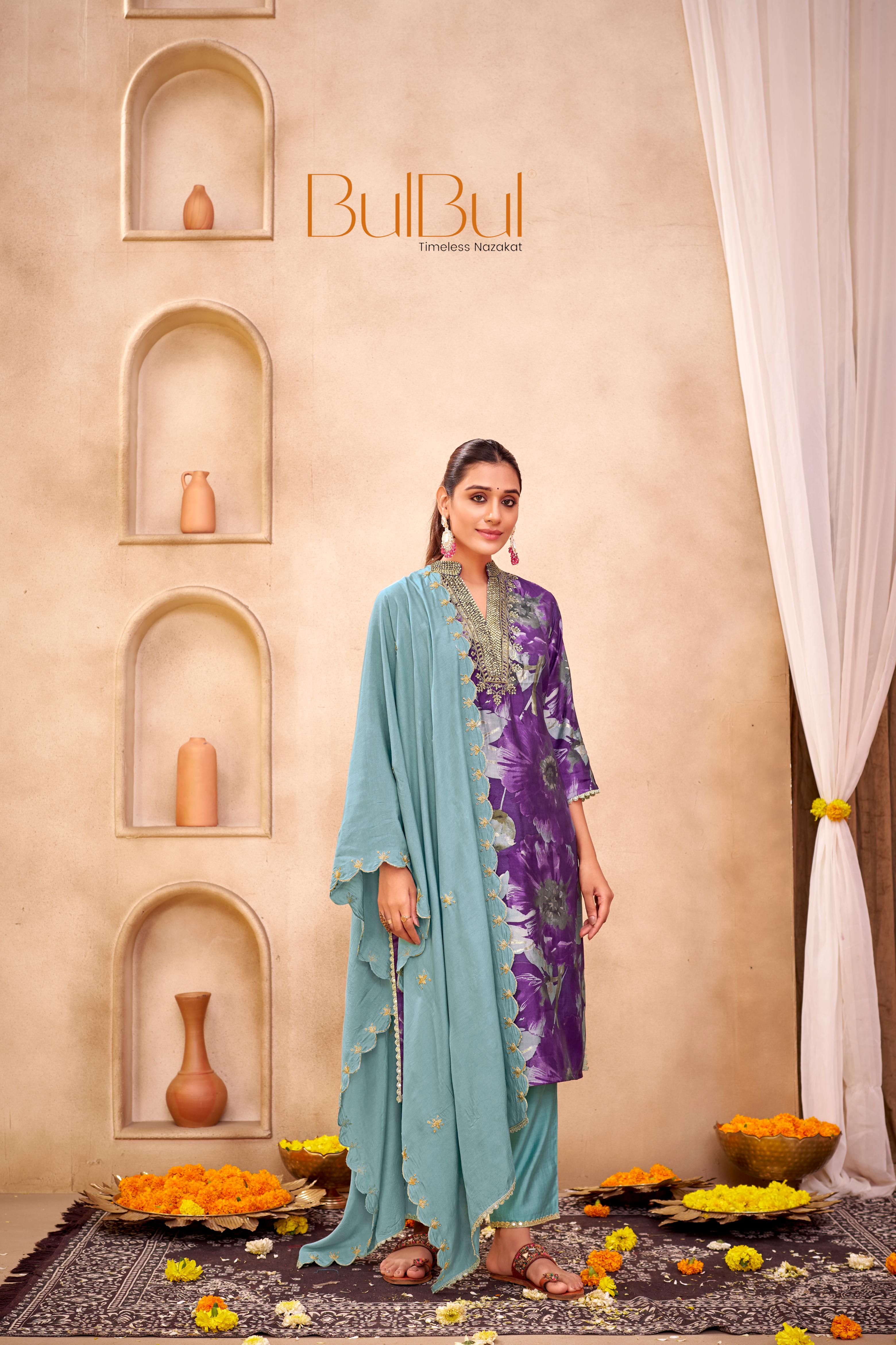 Shehnaaz Purple Hand Bead, Sequins & Zari Embellished Neckline Suit Set in Chanderi Silk with Pure Cotton Mul Lining