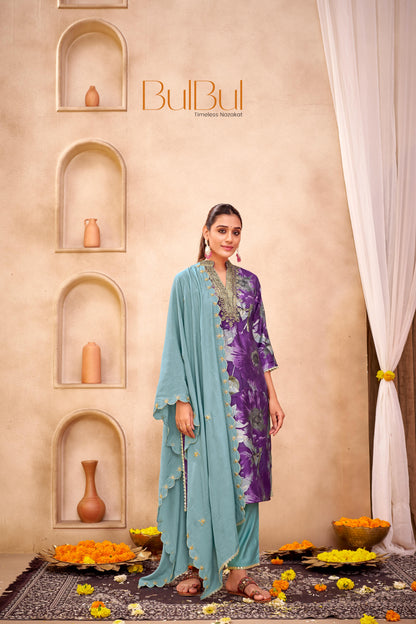 Shehnaaz Purple Hand Bead, Sequins & Zari Embellished Neckline Suit Set in Chanderi Silk with Pure Cotton Mul Lining