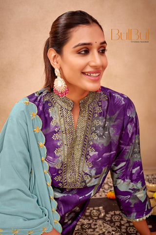 Shehnaaz Purple Hand Bead, Sequins & Zari Embellished Neckline Suit Set in Chanderi Silk with Pure Cotton Mul Lining