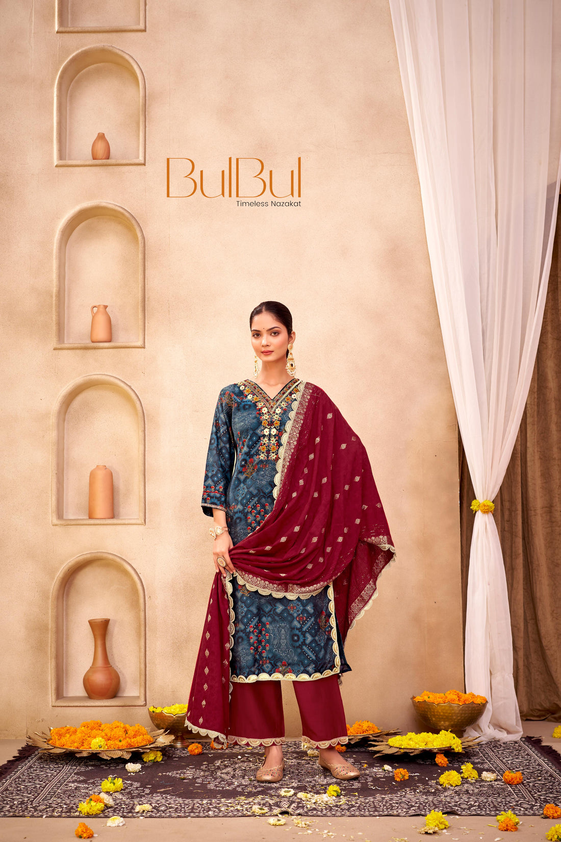Shehnaaz Navy Hand Embroidered and Sequins Embellished Suit Set with Lace Border Detail in Chanderi Silk with Pure Cotton Mul Lining