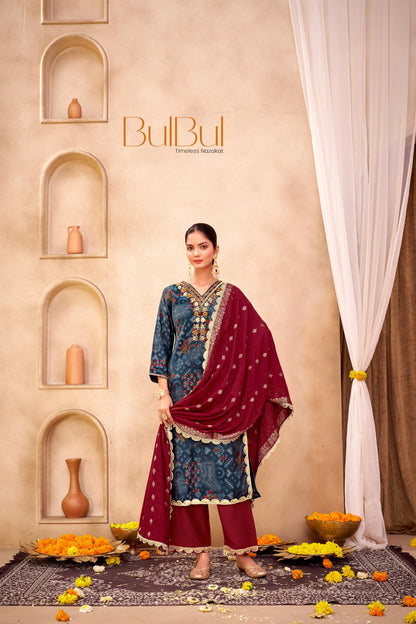 Shehnaaz Navy Hand Embroidered and Sequins Embellished Suit Set with Lace Border Detail in Chanderi Silk with Pure Cotton Mul Lining