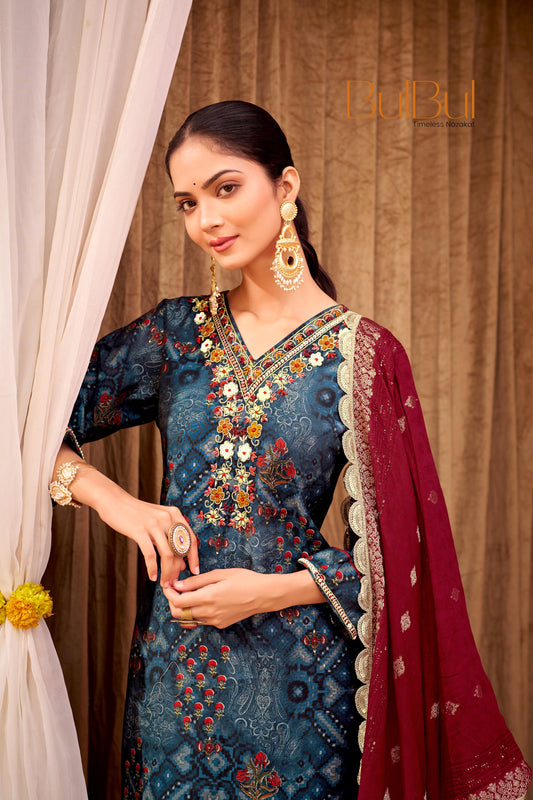 Shehnaaz Navy Hand Embroidered and Sequins Embellished Suit Set with Lace Border Detail in Chanderi Silk with Pure Cotton Mul Lining