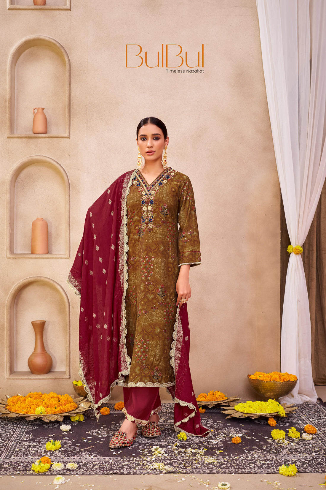 Shehnaaz Brown Hand Embroidered and Sequins Embellished Suit Set with Lace Border Detail in Chanderi Silk with Pure Cotton Mul Lining