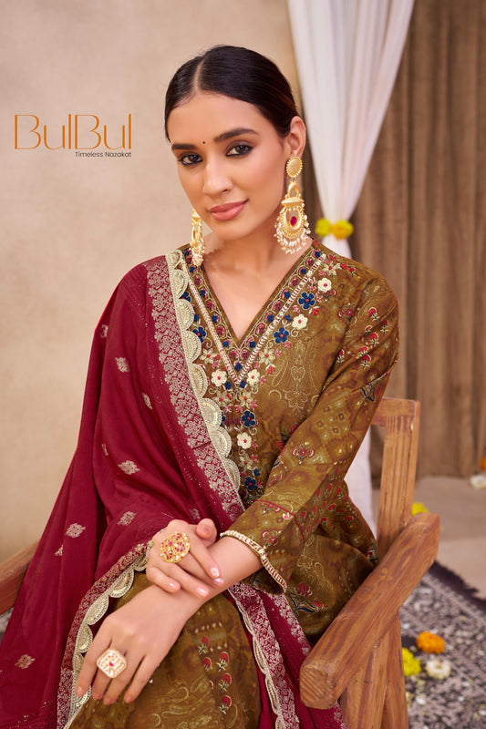 Shehnaaz Brown Hand Embroidered and Sequins Embellished Suit Set with Lace Border Detail in Chanderi Silk with Pure Cotton Mul Lining