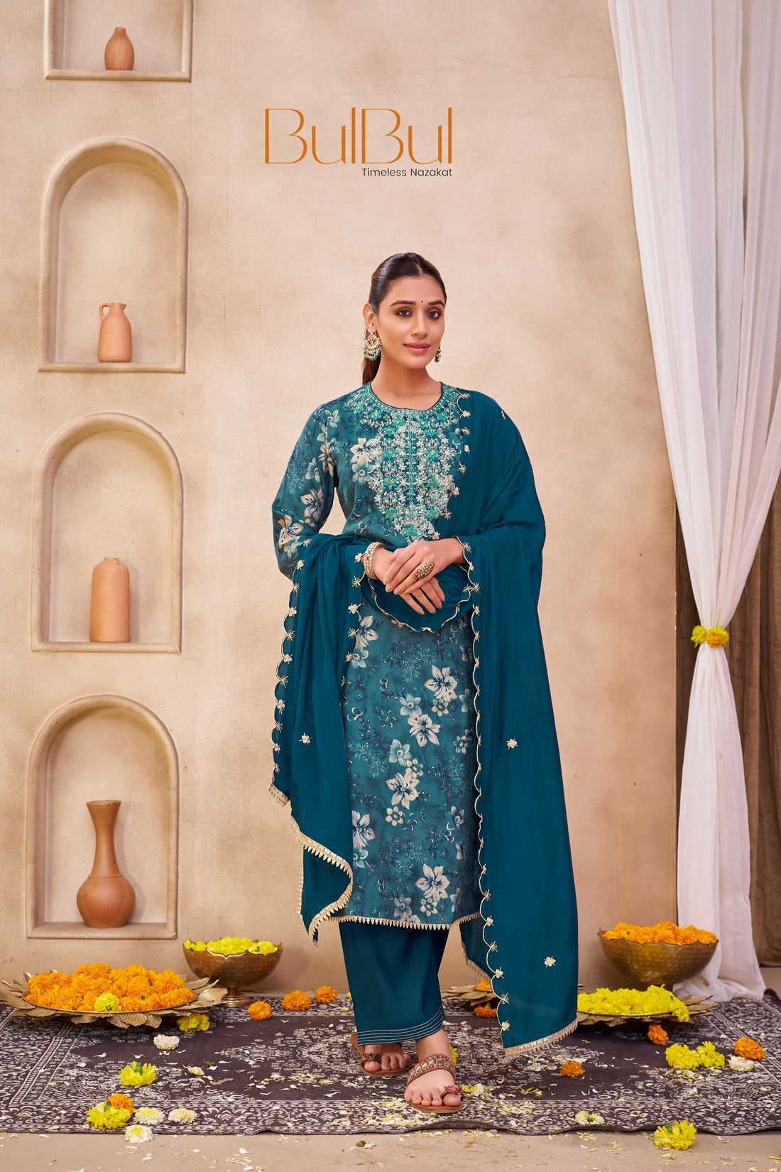 Shehnaaz Blue Floral Hand Embellished Suit Set with Beads, Glass Bugle, Pearl & Sequins Patti Work in Chanderi Silk with Pure Cotton Mul Lining