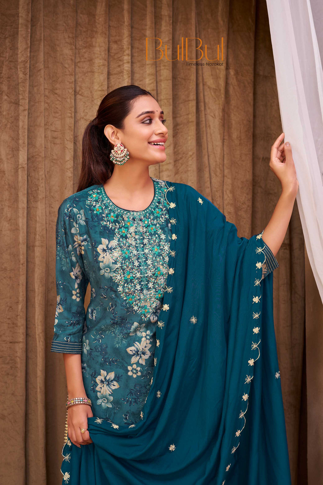 Shehnaaz Blue Floral Hand Embellished Suit Set with Beads, Glass Bugle, Pearl & Sequins Patti Work in Chanderi Silk with Pure Cotton Mul Lining