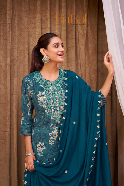 Shehnaaz Blue Floral Hand Embellished Suit Set with Beads, Glass Bugle, Pearl & Sequins Patti Work in Chanderi Silk with Pure Cotton Mul Lining