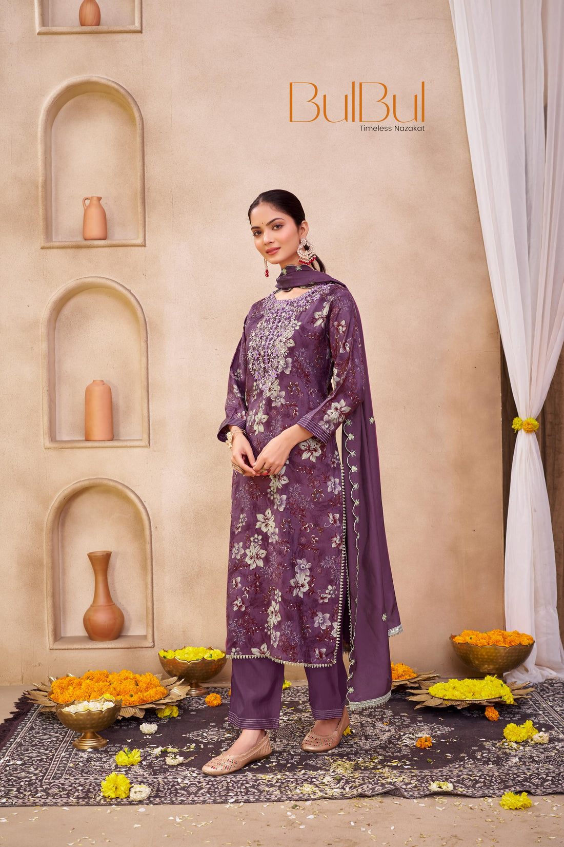 Shehnaaz Purple Floral Hand Embellished Suit Set with Beads, Glass Bugle, Pearl & Sequins Patti Work in Chanderi Silk with Pure Cotton Mul Lining