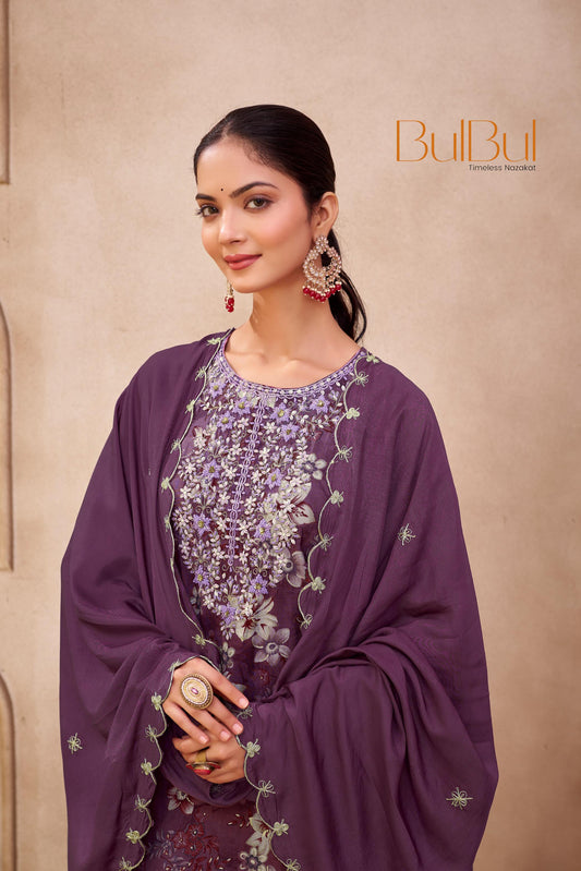 Shehnaaz Purple Floral Hand Embellished Suit Set with Beads, Glass Bugle, Pearl & Sequins Patti Work in Chanderi Silk with Pure Cotton Mul Lining