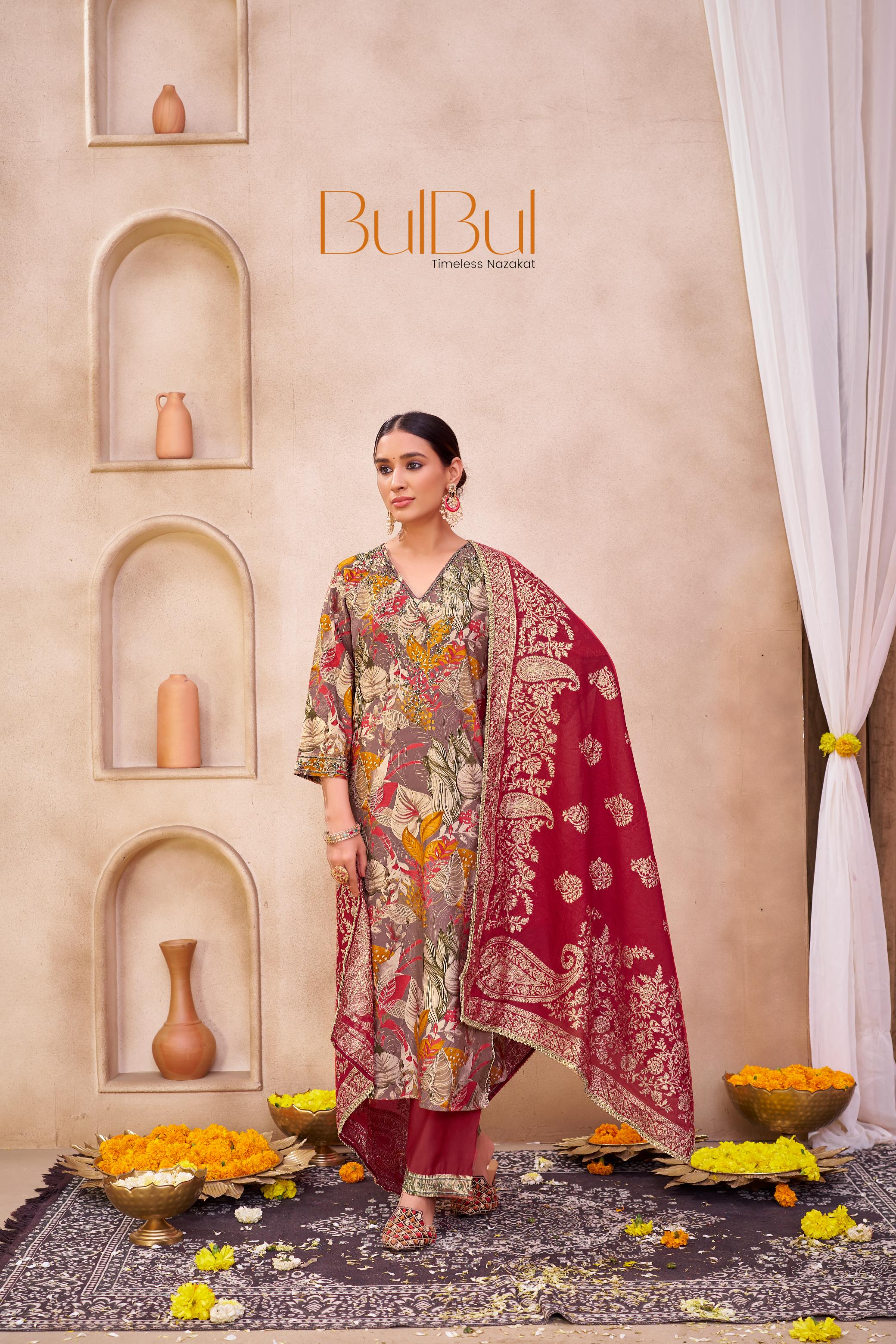 Shehnaaz Brown Floral Printed Hand Beaded and Sequins Embellished Suit Set with Zari Neck Detailing in Chanderi Silk with Pure Cotton Mul Lining