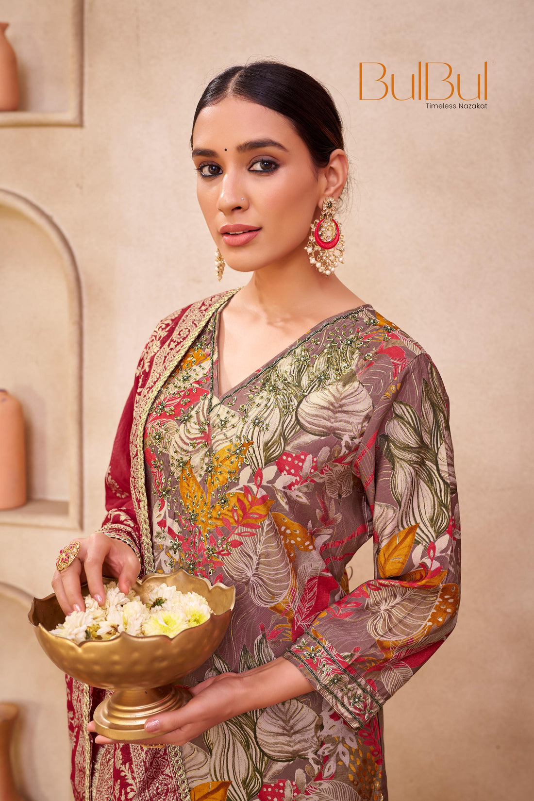 Shehnaaz Brown Floral Printed Hand Beaded and Sequins Embellished Suit Set with Zari Neck Detailing in Chanderi Silk with Pure Cotton Mul Lining