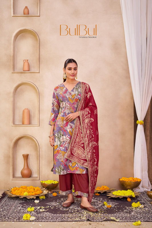 Shehnaaz Purple Floral Printed Hand Beaded and Sequins Embellished Suit Set with Zari Neck Detailing in Chanderi Silk with Pure Cotton Mul Lining