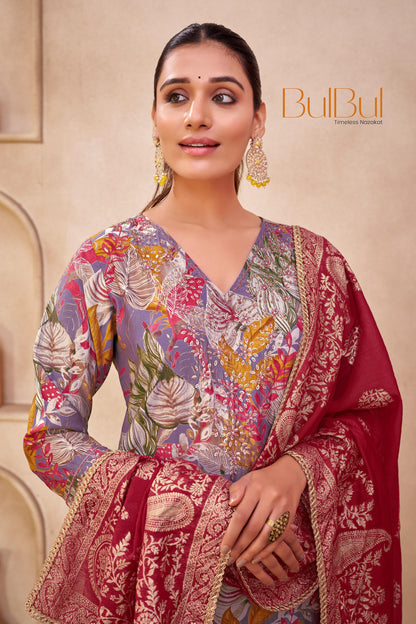 Shehnaaz Purple Floral Printed Hand Beaded and Sequins Embellished Suit Set with Zari Neck Detailing in Chanderi Silk with Pure Cotton Mul Lining