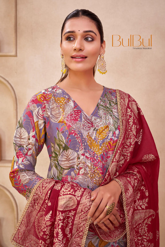 Shehnaaz Purple Floral Printed Hand Beaded and Sequins Embellished Suit Set with Zari Neck Detailing in Chanderi Silk with Pure Cotton Mul Lining