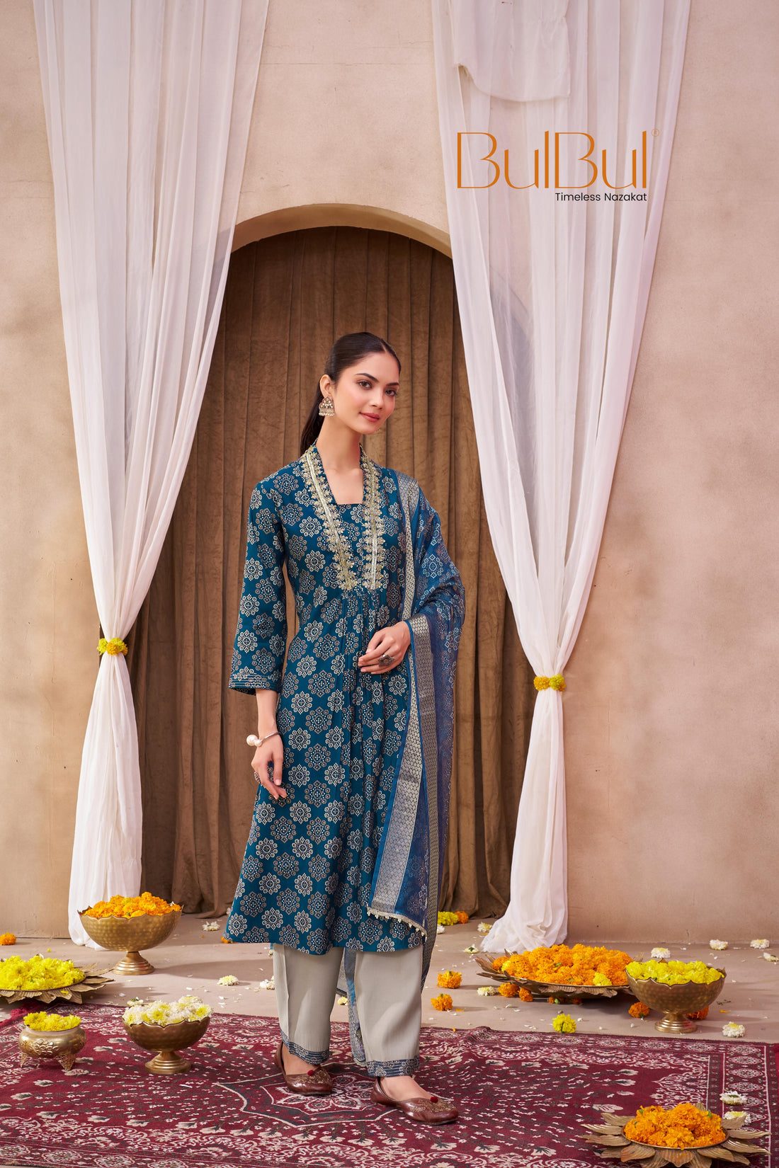 Rashmi Blue Ethnic Motif Print Hand Embellished, Sequins and Bugle Bead Work Suit Set in Chanderi Silk with Pure Cotton Mul Lining