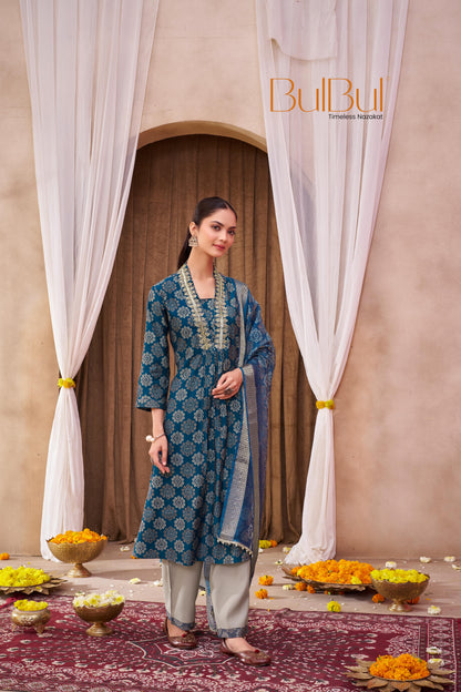 Rashmi Blue Ethnic Motif Print Hand Embellished, Sequins and Bugle Bead Work Suit Set in Chanderi Silk with Pure Cotton Mul Lining