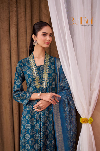 Rashmi Blue Ethnic Motif Print Hand Embellished, Sequins and Bugle Bead Work Suit Set in Chanderi Silk with Pure Cotton Mul Lining