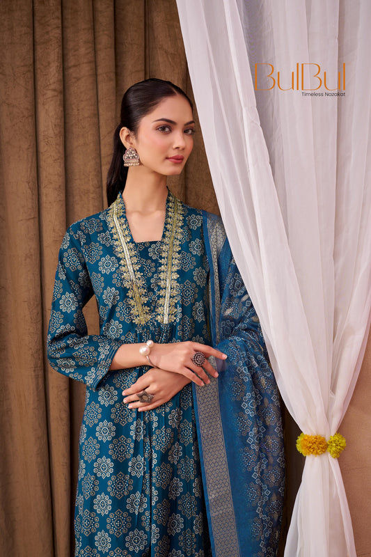 Rashmi Blue Ethnic Motif Print Hand Embellished, Sequins and Bugle Bead Work Suit Set in Chanderi Silk with Pure Cotton Mul Lining