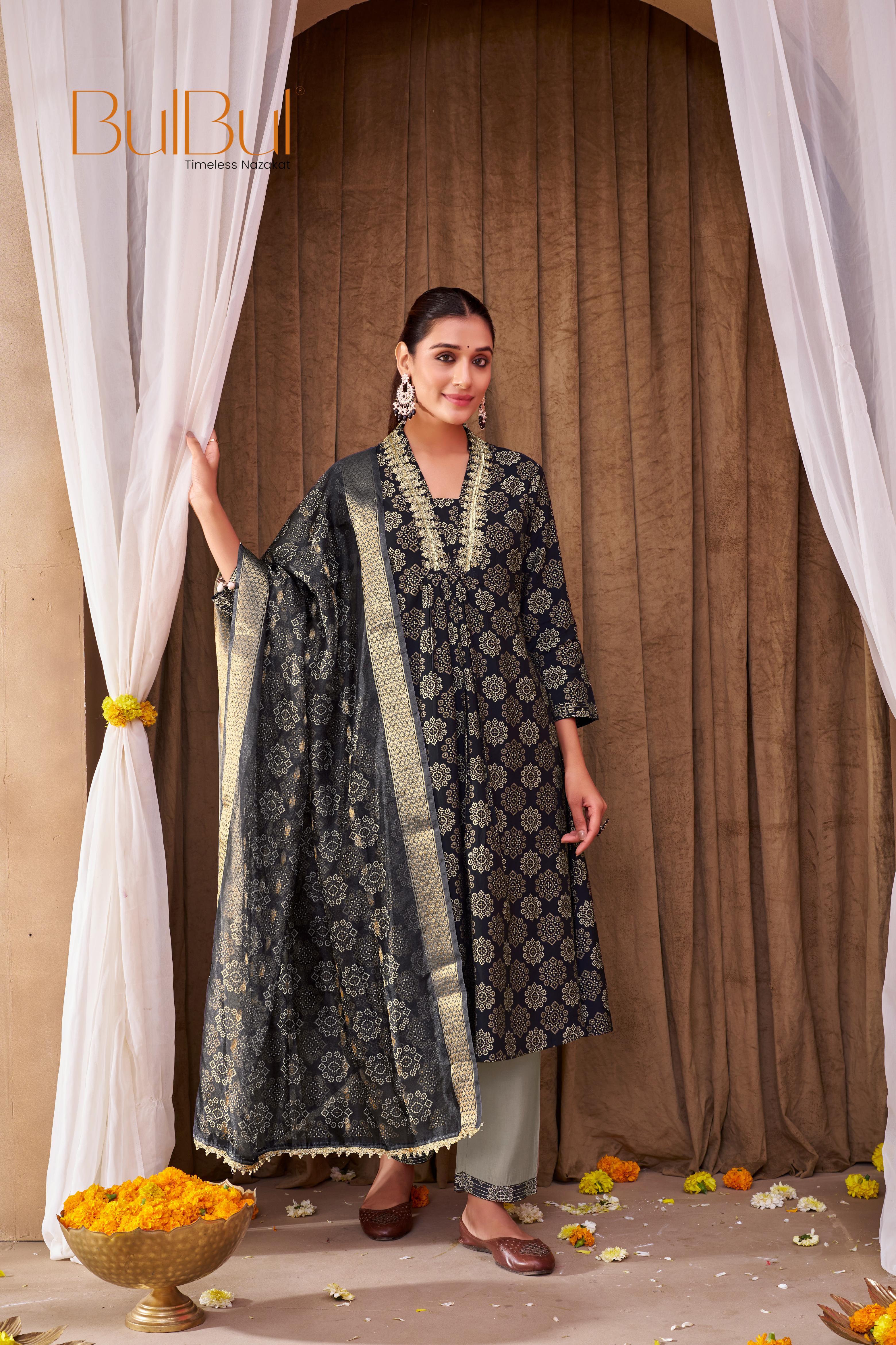 Rashmi Black Ethnic Motif Print Hand Embellished, Sequins and Bugle Bead Work Suit Set in Chanderi Silk with Pure Cotton Mul Lining