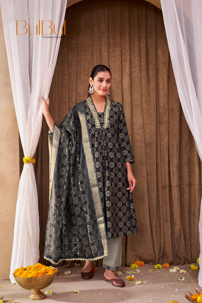 Rashmi Black Ethnic Motif Print Hand Embellished, Sequins and Bugle Bead Work Suit Set in Chanderi Silk with Pure Cotton Mul Lining