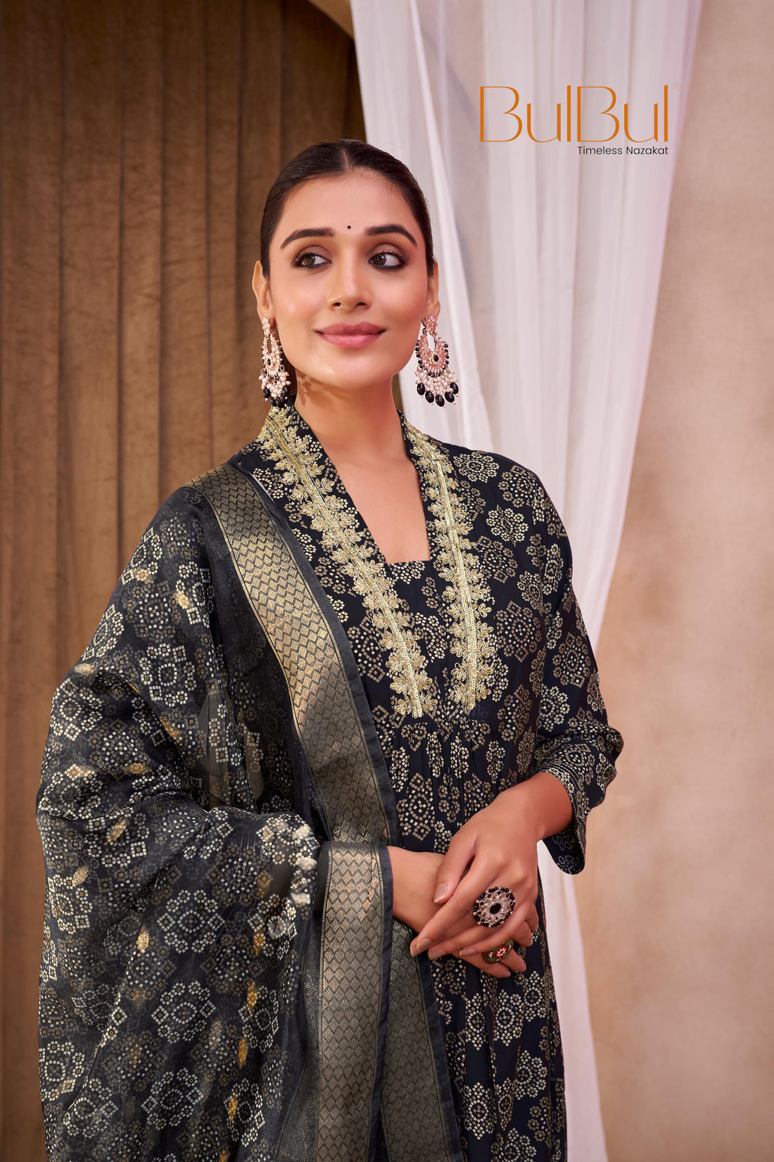 Rashmi Black Ethnic Motif Print Hand Embellished, Sequins and Bugle Bead Work Suit Set in Chanderi Silk with Pure Cotton Mul Lining