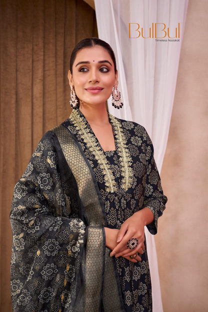 Rashmi Black Ethnic Motif Print Hand Embellished, Sequins and Bugle Bead Work Suit Set in Chanderi Silk with Pure Cotton Mul Lining