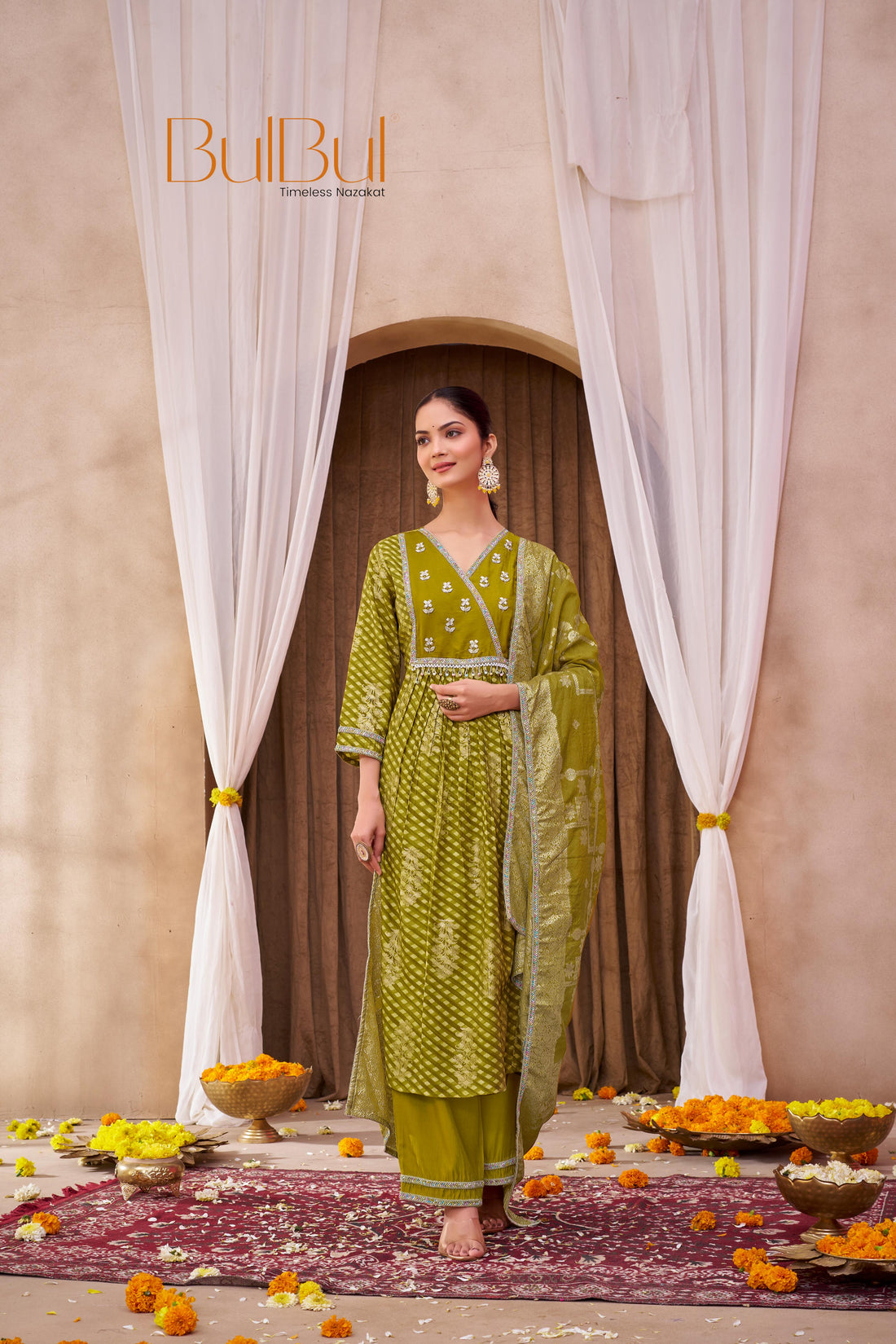 Rashmi Mehndi Green Hand Embellished Multicolor Bead and Sequins Work Suit Set in Chanderi Silk with Pure Cotton Mul Lining