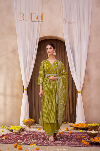 Rashmi Mehndi Green Hand Embellished Multicolor Bead and Sequins Work Suit Set in Chanderi Silk with Pure Cotton Mul Lining