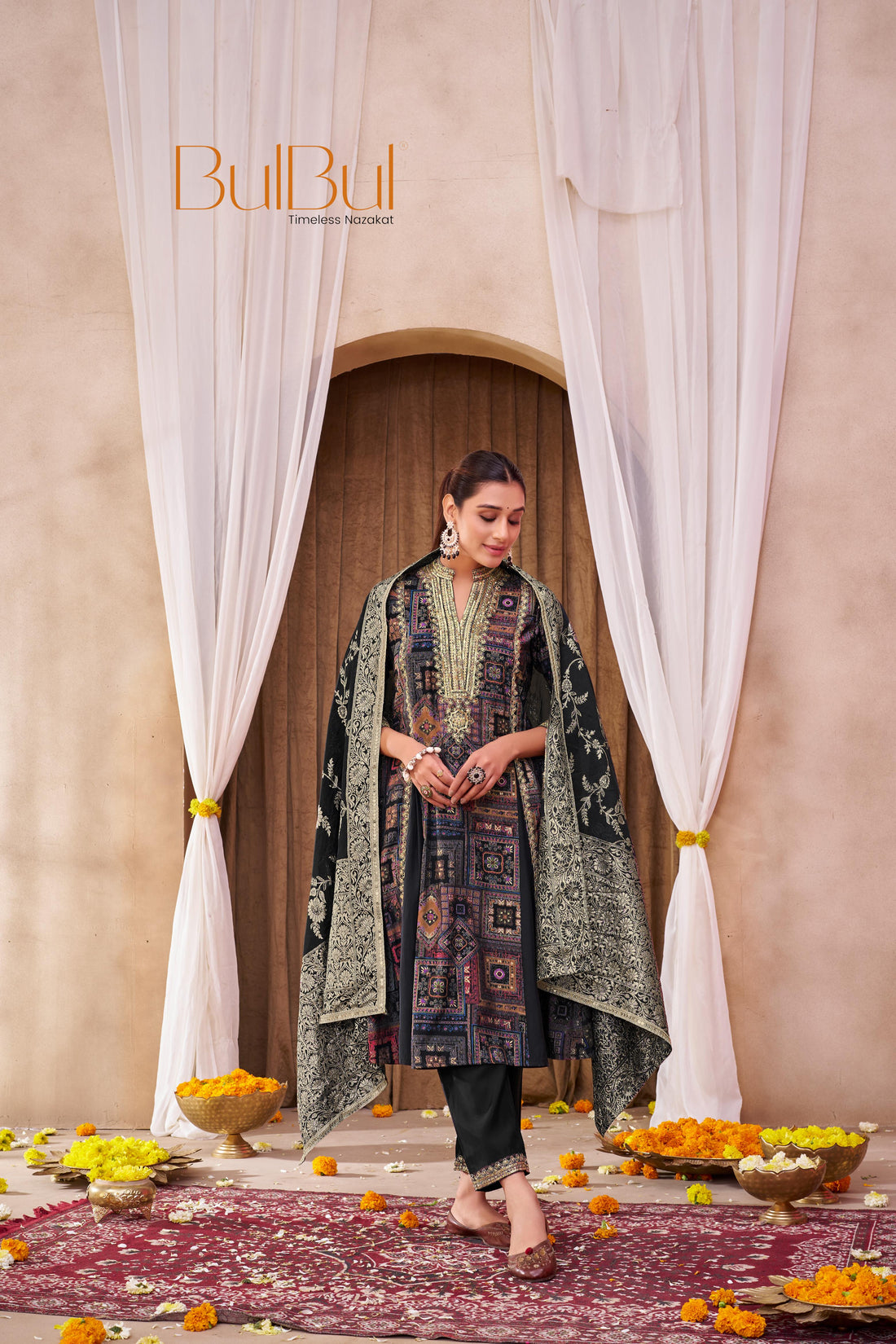 Rashmi Black Hand Thread & Sequins Embellished Suit Set with Zari Woven Jacquard Dupatta in Chanderi Silk with Pure Cotton Mul Lining