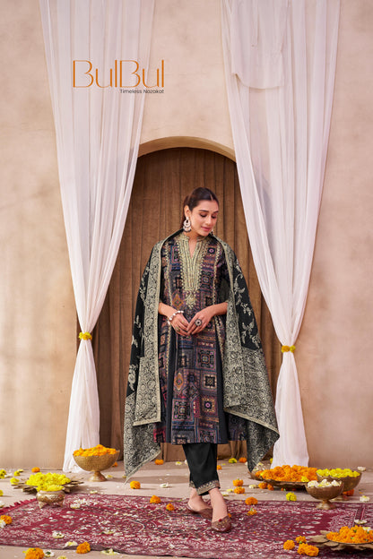 Rashmi Black Hand Thread & Sequins Embellished Suit Set with Zari Woven Jacquard Dupatta in Chanderi Silk with Pure Cotton Mul Lining