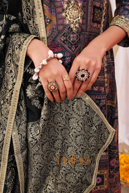 Rashmi Black Hand Thread & Sequins Embellished Suit Set with Zari Woven Jacquard Dupatta in Chanderi Silk with Pure Cotton Mul Lining