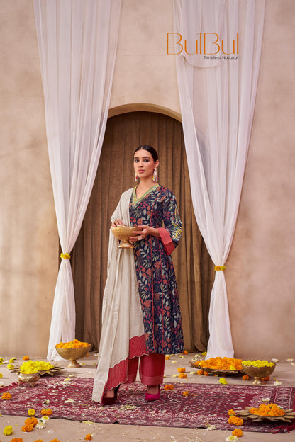 Rashmi Navy Multi-Color Hand Embroidered & Hand Embellished Suit Set with Zari, Dabka, Bead and Sequins Work in Chanderi Silk with Pure Cotton Mul Lining