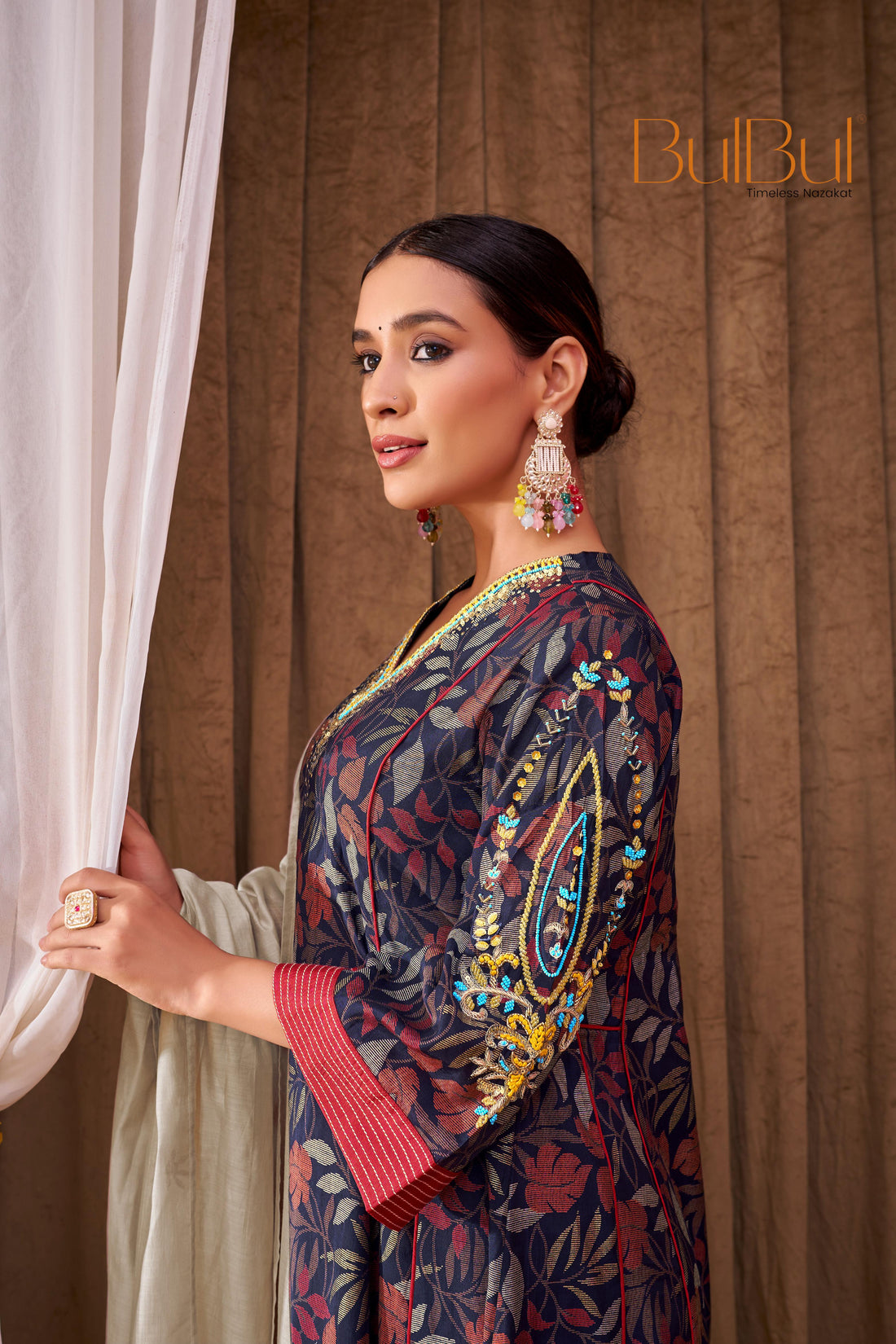 Rashmi Navy Multi-Color Hand Embroidered & Hand Embellished Suit Set with Zari, Dabka, Bead and Sequins Work in Chanderi Silk with Pure Cotton Mul Lining